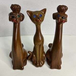 3 VTG MCM Faux Carved Wood Siamese Cat & Dogs Statues Rhinestone Eyes Set Tall